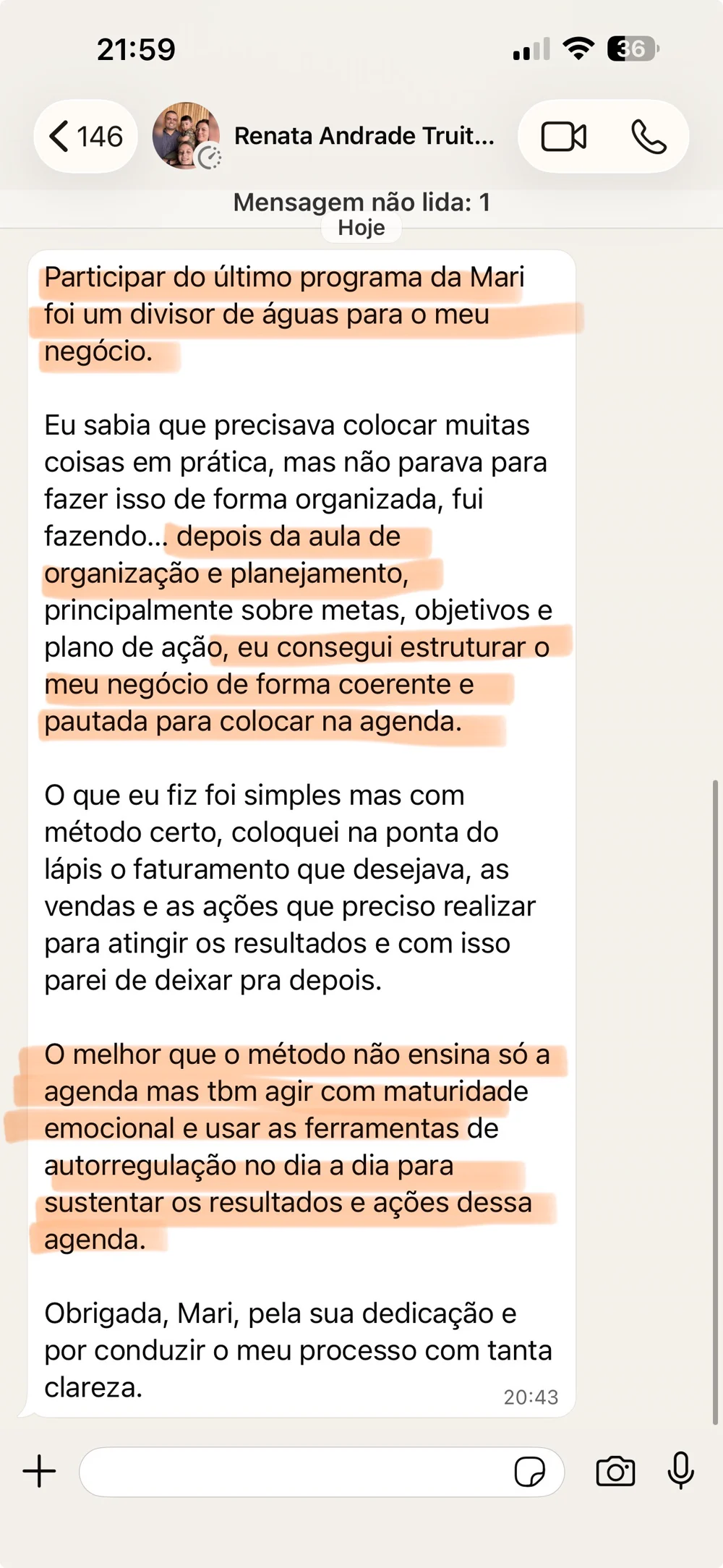 Mensagem enviada por Renata Andrade Truitt sobre a experiência na mentoria MEP