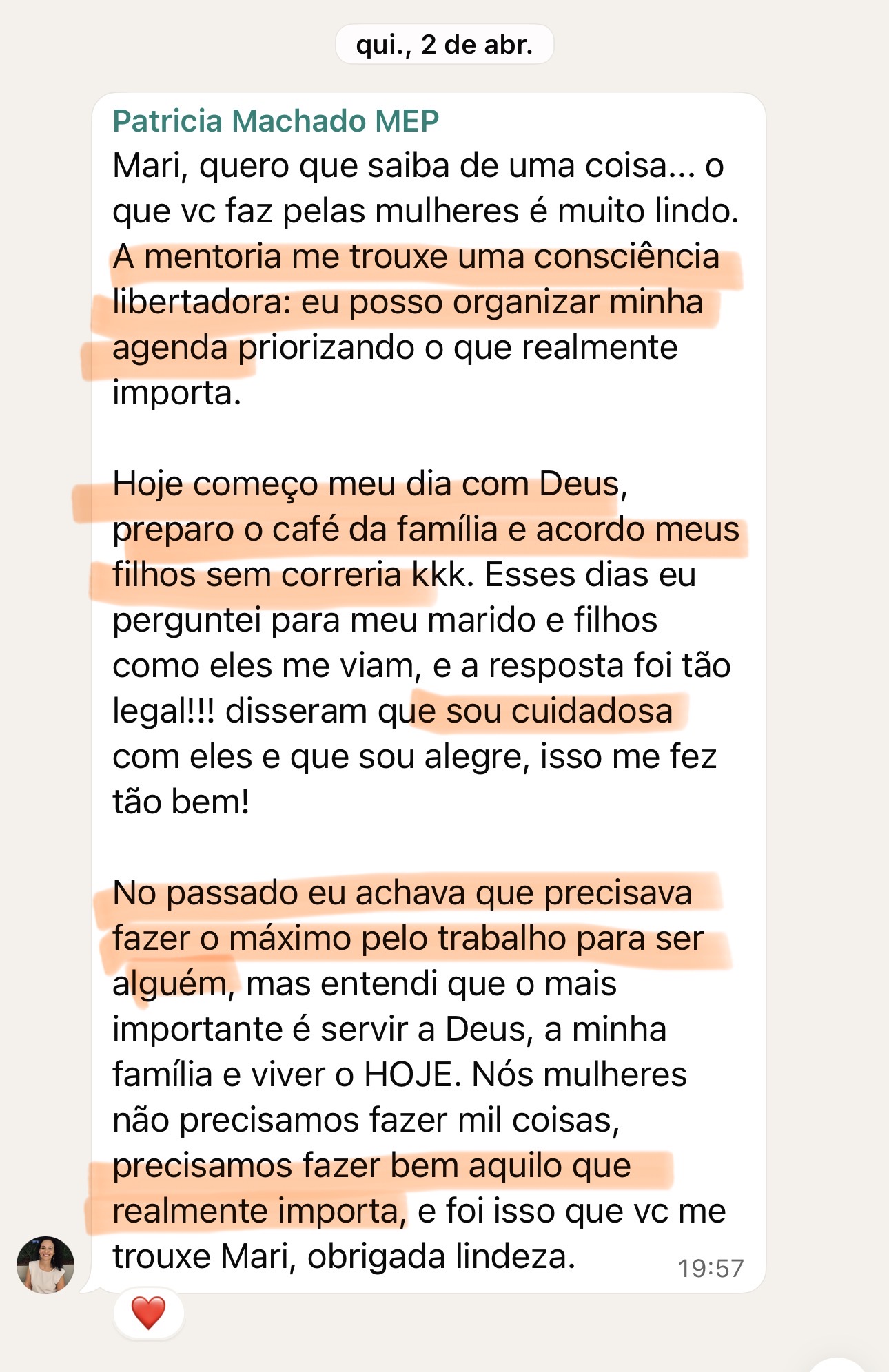 Mensagem enviada por Patricia Machado sobre a experiência na mentoria MEP