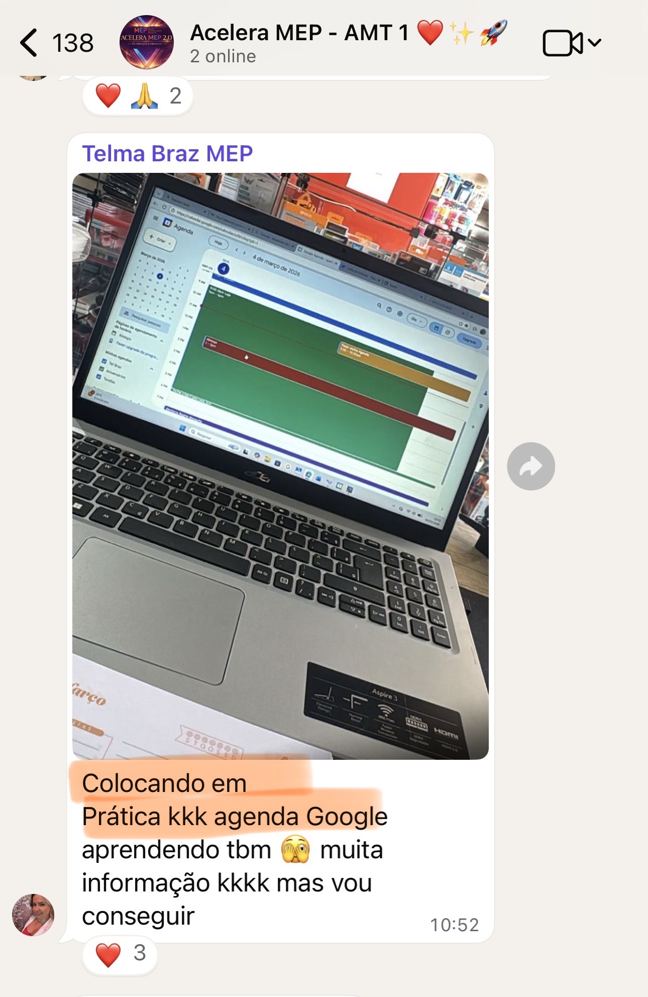 Mensagem enviada por Telma Braz sobre a experiência na mentoria MEP