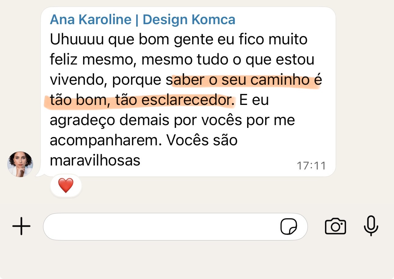 Mensagem enviada por Ana Karoline sobre a experiência na mentoria MEP